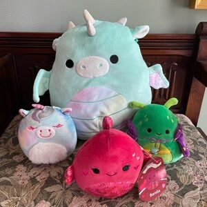 4 Squishmallows Plush Bundle - dragon, unicorn, alien, and fish